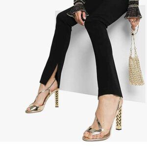 FSJ Gold Clear Gold Metal Chain Chunky High Heels Ankle Strap Open Toe Sandals